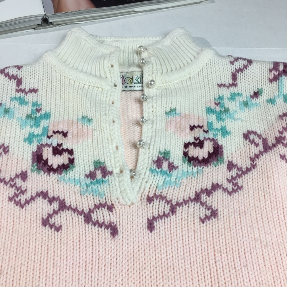 Vintage Ricki Floral Cottagecore Sweater Pink Pearl Button Knit Women’s M